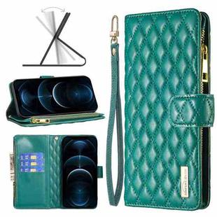 For iPhone 12 Pro Max Diamond Lattice Zipper Wallet Leather Flip Phone Case(Green)