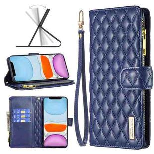 For iPhone 11 Diamond Lattice Zipper Wallet Leather Flip Phone Case (Blue)