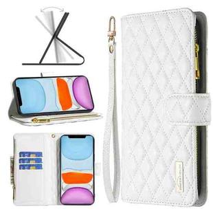 For iPhone 11 Diamond Lattice Zipper Wallet Leather Flip Phone Case (White)