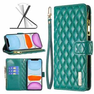 For iPhone 11 Diamond Lattice Zipper Wallet Leather Flip Phone Case (Green)