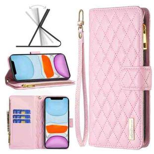 For iPhone 11 Diamond Lattice Zipper Wallet Leather Flip Phone Case (Pink)