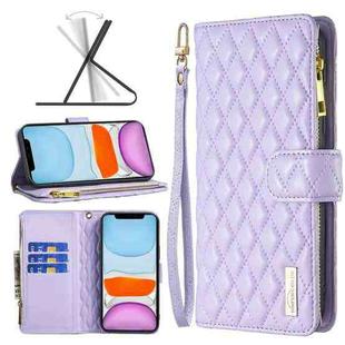 For iPhone 11 Diamond Lattice Zipper Wallet Leather Flip Phone Case (Purple)