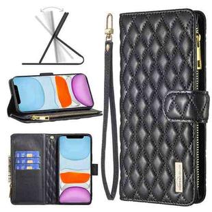 For iPhone 11 Diamond Lattice Zipper Wallet Leather Flip Phone Case (Black)