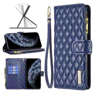 For iPhone 11 Pro Diamond Lattice Zipper Wallet Leather Flip Phone Case (Blue)