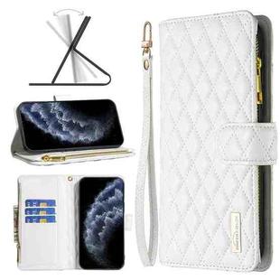 For iPhone 11 Pro Diamond Lattice Zipper Wallet Leather Flip Phone Case (White)