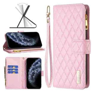 For iPhone 11 Pro Diamond Lattice Zipper Wallet Leather Flip Phone Case (Pink)