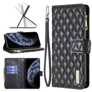 For iPhone 11 Pro Diamond Lattice Zipper Wallet Leather Flip Phone Case (Black)