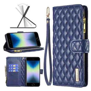 For iPhone SE 2022 / SE 2020 / 8 / 7 Diamond Lattice Zipper Wallet Leather Flip Phone Case(Blue)