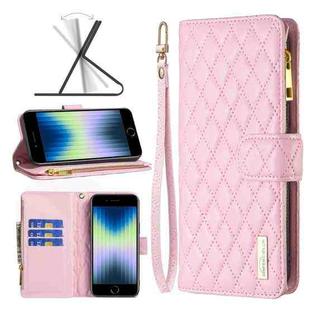For iPhone SE 2022 / SE 2020 / 8 / 7 Diamond Lattice Zipper Wallet Leather Flip Phone Case(Pink)
