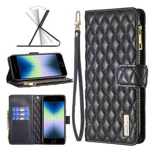 For iPhone SE 2022 / SE 2020 / 8 / 7 Diamond Lattice Zipper Wallet Leather Flip Phone Case(Black)