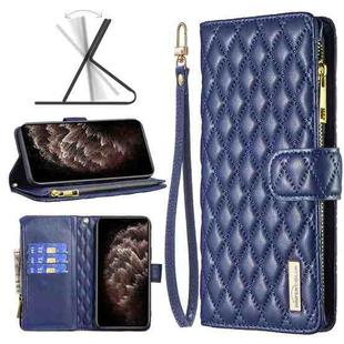 For iPhone 11 Pro Max Diamond Lattice Zipper Wallet Leather Flip Phone Case (Blue)