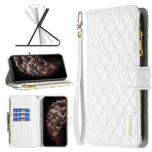 For iPhone 11 Pro Max Diamond Lattice Zipper Wallet Leather Flip Phone Case (White)