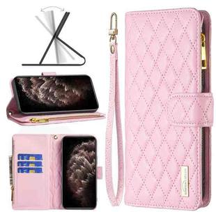 For iPhone 11 Pro Max Diamond Lattice Zipper Wallet Leather Flip Phone Case (Pink)