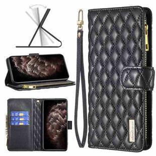 For iPhone 11 Pro Max Diamond Lattice Zipper Wallet Leather Flip Phone Case (Black)