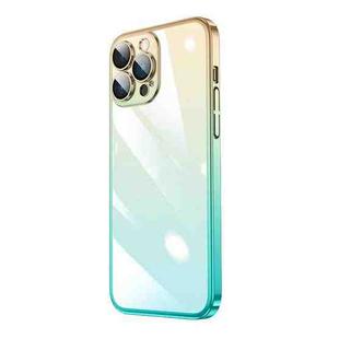 For iPhone 13 Pro Max Transparent Electroplated PC Gradient Phone Case (Cyan-blue Gold)