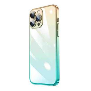 For iPhone 13 Pro Transparent Electroplated PC Gradient Phone Case (Cyan-blue Gold)