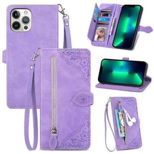 For iPhone 13 mini Embossed Flower Shockproof Leather Phone Case (Purple)