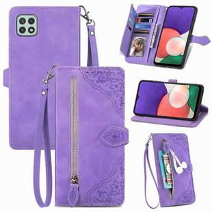 For Samsung Galaxy A22 5G Embossed Flower Shockproof Leather Phone Case(Purple)