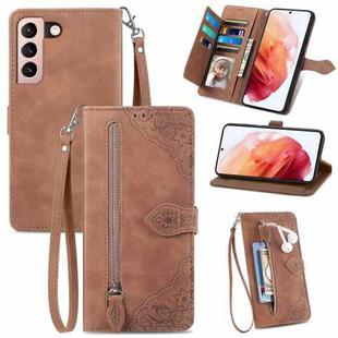 For Samsung Galaxy S21+ 5G Embossed Flower Shockproof Leather Phone Case(Brown)