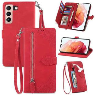 For Samsung Galaxy S21 Ultra 5G Embossed Flower Shockproof Leather Phone Case(Red)
