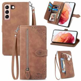 For Samsung Galaxy S21 5G Embossed Flower Shockproof Leather Phone Case(Brown)