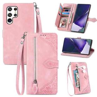 For Samsung Galaxy S22 Ultra 5G Embossed Flower Shockproof Leather Phone Case(Pink)