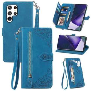 For Samsung Galaxy S22 Ultra 5G Embossed Flower Shockproof Leather Phone Case(Blue)