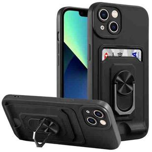 For iPhone 14 Ring Kickstand Card Wallet TPU Phone Case (Black)