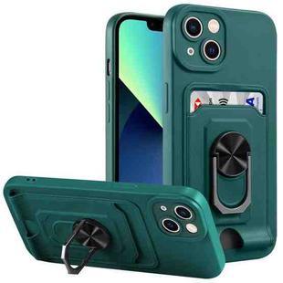 For iPhone 14 Ring Kickstand Card Wallet TPU Phone Case (Night Green)