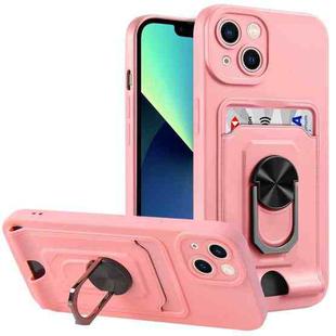 For iPhone 14 Plus Ring Kickstand Card Wallet TPU Phone Case (Pink)