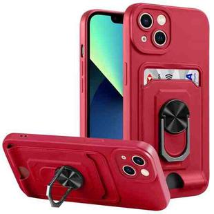 For iPhone 14 Plus Ring Kickstand Card Wallet TPU Phone Case (Red)