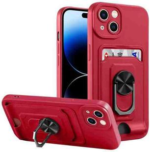 For iPhone 14 Pro Max Ring Kickstand Card Wallet TPU Phone Case (Red)