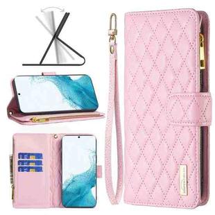 For Samsung Galaxy S22+ 5G Diamond Lattice Zipper Wallet Leather Flip Phone Case(Pink)