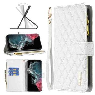 For Samsung Galaxy S22 Ultra 5G Diamond Lattice Zipper Wallet Leather Flip Phone Case(White)