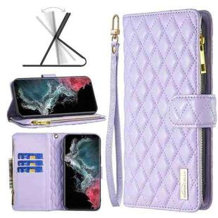 For Samsung Galaxy S22 Ultra 5G Diamond Lattice Zipper Wallet Leather Flip Phone Case(Purple)