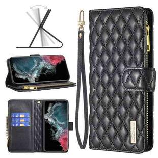 For Samsung Galaxy S22 Ultra 5G Diamond Lattice Zipper Wallet Leather Flip Phone Case(Black)