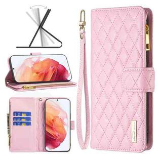 For Samsung Galaxy S21 5G Diamond Lattice Zipper Wallet Leather Flip Phone Case(Pink)