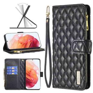For Samsung Galaxy S21 5G Diamond Lattice Zipper Wallet Leather Flip Phone Case(Black)