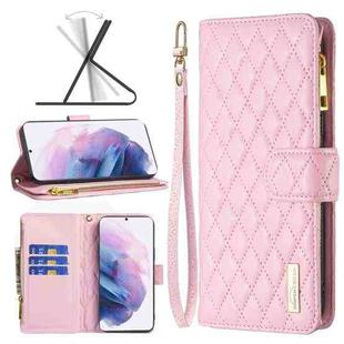 For Samsung Galaxy S21+ 5G Diamond Lattice Zipper Wallet Leather Flip Phone Case(Pink)