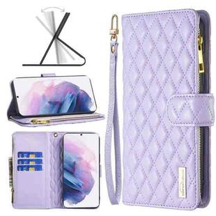 For Samsung Galaxy S21+ 5G Diamond Lattice Zipper Wallet Leather Flip Phone Case(Purple)