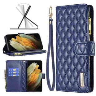 For Samsung Galaxy S21 Ultra 5G Diamond Lattice Zipper Wallet Leather Flip Phone Case(Blue)