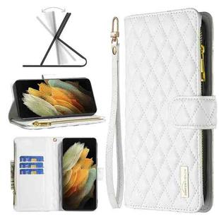 For Samsung Galaxy S21 Ultra 5G Diamond Lattice Zipper Wallet Leather Flip Phone Case(White)