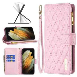 For Samsung Galaxy S21 Ultra 5G Diamond Lattice Zipper Wallet Leather Flip Phone Case(Pink)
