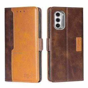 For Motorola Moto G52J 5G Contrast Color Side Buckle Leather Phone Case(Dark Brown + Gold)