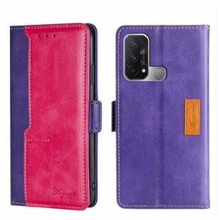 For OPPO Reno5 A Contrast Color Side Buckle Leather Phone Case(Purple + Rose Red)