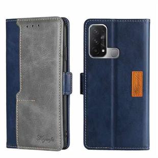 For OPPO Reno5 A Contrast Color Side Buckle Leather Phone Case(Blue + Grey)