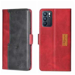 For OPPO Reno6 5G Contrast Color Side Buckle Leather Phone Case(Red + Black)