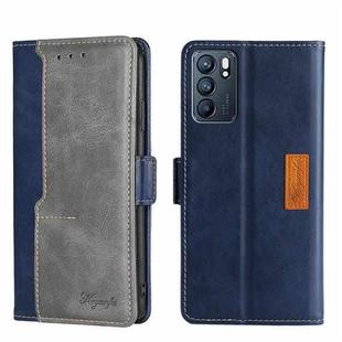 For OPPO Reno6 5G Contrast Color Side Buckle Leather Phone Case(Blue + Grey)