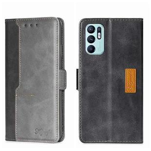 For OPPO Reno6 4G Contrast Color Side Buckle Leather Phone Case(Black + Grey)