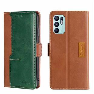 For OPPO Reno6 4G Contrast Color Side Buckle Leather Phone Case(Light Brown + Green)